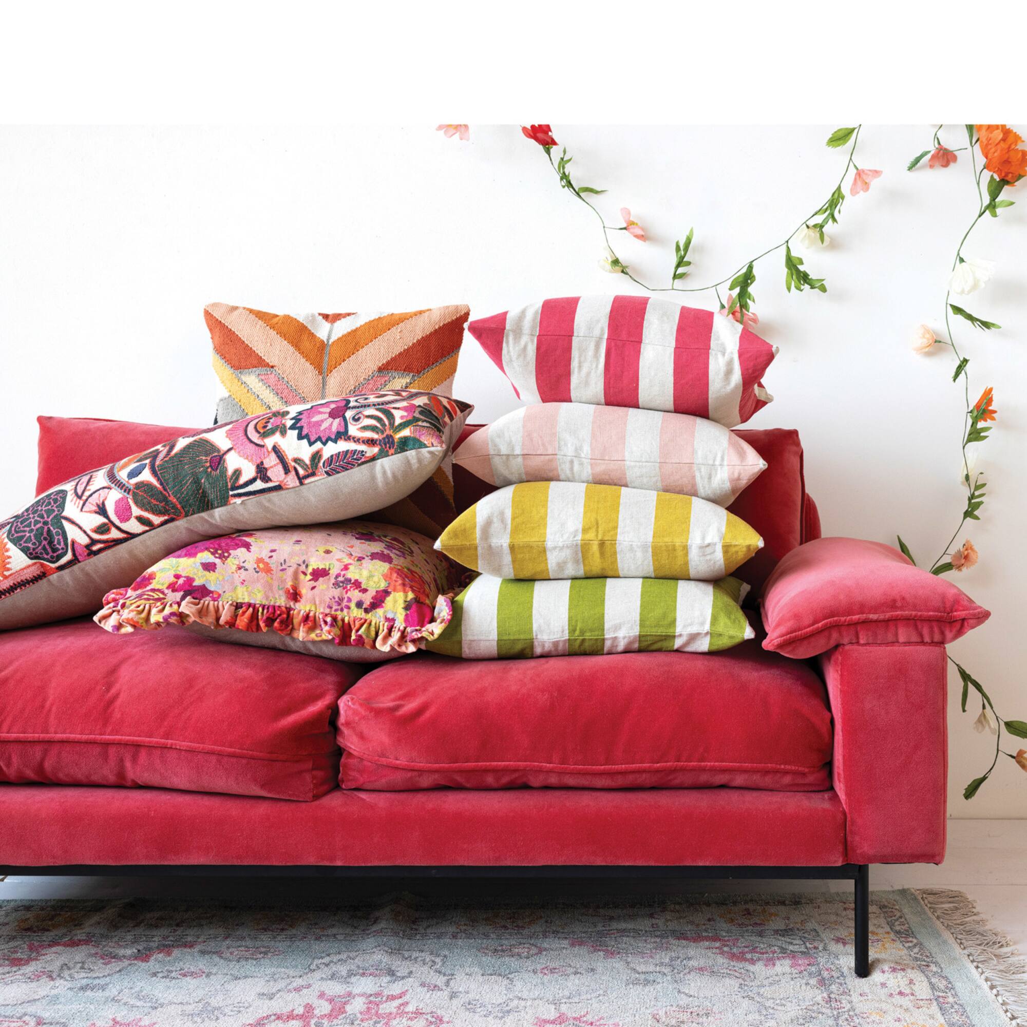 Hello Honey® Red Floral Printed Chambray Back & Ruffle Cotton Velvet Pillow